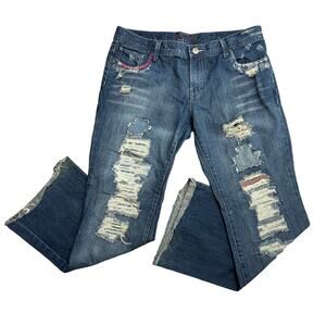 Y2K American Eagle Hipster Skinny Flare Jeans WMNS 14R Retro Mid Rise Distressed
